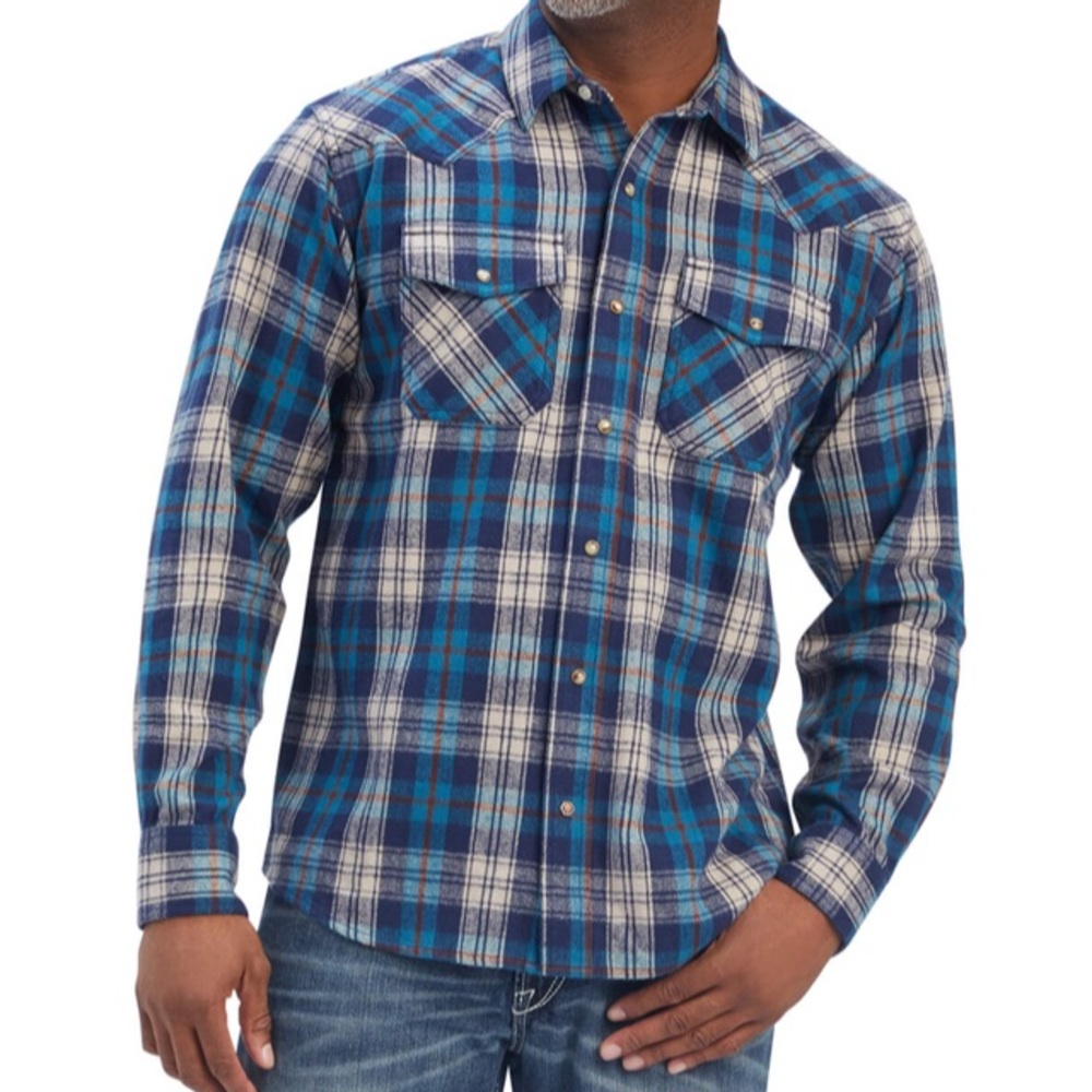 ARIAT Men’s Huntleigh Retro Fit Blue White CURACOA Pearl Snap Western Shirt SZ L